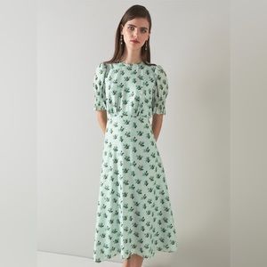 NWT LK Bennett Tabitha Green Silk-Blend Spot Jacquard Primula Print Dress 12